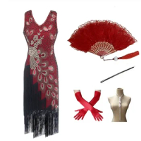1920s Vintage Peacock Sequined Women's Fashion Dress Fringed Flapper Dress 20s Party Dress Set