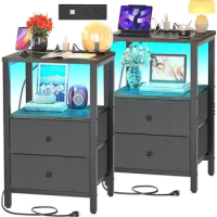 NightStands Set of 2 with Charging Station, Night Stand with LED Lights, 25.6'' End Table with 2 Drawers,3 Tier Tall Night Stand