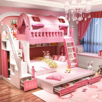 low double decker bed, princess bed, solid wood mother child bed, with guardrails on the upper and lower bunks
