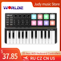 WORLDE 25-Key MIDI Controller Keyboard MINI Portable USB Keyboard Piano MIDI Keyboard Controller 8 Colorful Backlit Pads 8 Knobs