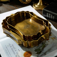 進口黃銅手工水果托盤復古雕花雙環把手首飾收納盤套裝飾家居擺件