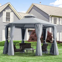 13' X 13' Canopy, Double Roof Hexagon Outdoor Gazebo Canopy Shelter with Netting &amp; Curtains, Solid Steel Frame, Canopy