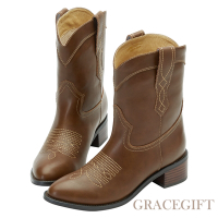 【Grace Gift】玄玄聯名-精緻刺繡牛仔西部靴 棕