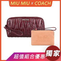 展示品MIU MIU銀字LOGO抓皺設計羊皮手拿包/化妝包(酒紅)+COACH手拿包