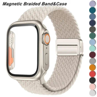 Braided strap+PC case For Apple Watch band 40mm 44mm 45mm Upgrade 49mm cover+magnetic buckle Bracelet iWatch series se 7 6 5 8 9