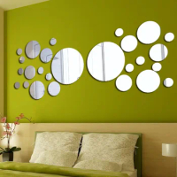 26pcs Circle Mirror Sticker Decal Gold Self Adhesive Acrylic Tiles Wall Sticker Decals DIY Bedroom Living Room Bathroom Decor