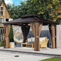 10'x12' Gazebo, Aluminum Frame Permanent Pavilion with Curtains and Netting, Outdoor Polycarbonate Gazebo, Double Roof Canopy