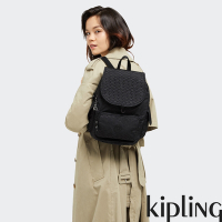 『猴子包』Kipling 經典黑菱格紋印花拉鍊掀蓋後背包-CITY PACK S