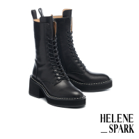 短靴 HELENE_SPARK 率性時髦HS拉鍊綁帶全真皮厚底高跟短靴－黑