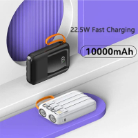 Mini Power Bank 10000mAh with Cable Strong LED Light 22.5W Fast Charging Powerbank for iPhone 15 Samsung Huawei Xiaomi Poverbank