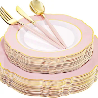 WDF 30Guest Pink Plastic Plates &amp; Gold Plastic Silverware With Pink Handle-Baroque Pink &amp;Gold Plastic Dinnerware