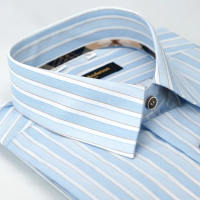 【金安德森】經典格紋繞領藍白條紋窄版長袖襯衫