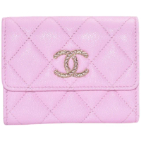【CHANEL 香奈兒】經典網格雙C LOGO菱格粒紋牛皮暗釦零錢包(粉紅色AP3184C-PINK-GP)