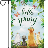 Hello Spring Cat and Dog Garden Flag 12x18in Double Sided Animal Floral Yard Flag Sign Welcome House Outdoor Outside Polyester