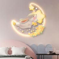 奶油風兒童房裝飾畫可愛兔子公主房背景墻壁燈畫女孩臥室床頭掛畫