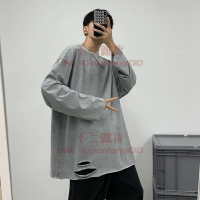 長袖T恤 純色破洞男百搭潮情侶圓領內搭學生打底衫 秋季上衣服【不二雜貨】