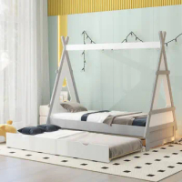 Twin Tent Floor Bed with Pull Out Twin Casters, Sturdy Frame, Easy to Assemble, Simple Style, Super Cool House Bed, White