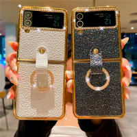 Luxury Plating Gold Bling Diamond Ring Cover for Samsung Galaxy Z Flip 3 Flip 5 Glitter Leather Case for Samsung Galaxy Z Flip 4