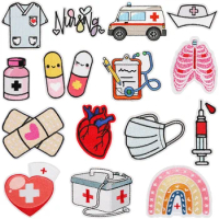 1 pc Cartoon Syringe Doctor Nurse Clothing Medicine Pills Box Ambulance Heart Stickers Iron On Patches Sewing Badge Appliques