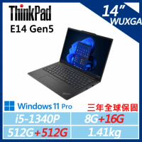 【ThinkPad】E14 Gen5 14吋商務(i5-1340P/8G+16G/512G+512G/W11P/三年保)