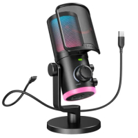 FIFINE USB Gaming Microphone with Noise Cancellation/RGB/Gain&Balance Knob,Condenser Mic for Streami