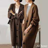 【ACheter】加厚犛牛絨針織開衫外套秋復古寬鬆慵懶風毛衣長版外套#114170(3色)