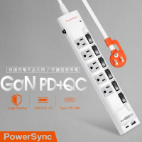 【PowerSync 群加】6開5插防雷擊 GaN PD快充 25W USB+Type C延長線/1.8m(TS65Q918)
