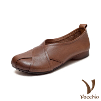 【Vecchio】真皮跟鞋 低跟跟鞋/全真皮頭層牛皮舒適圓頭復古交叉設計低跟鞋(咖)