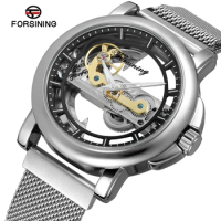 FORSINING black mechanical watch with casual hollow horizontal mechanical movement mechanical watch men's watch