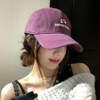 紫色刺繡棒球帽女寬帽檐大臉顯臉小軟頂鴨舌帽韓版百搭大頭圍帽子