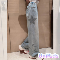 【UniKids】中大童裝牛仔長褲 燙鑽星星闊腿直筒休閒褲 女大童裝 CVC09(淺藍)
