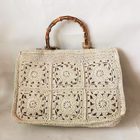 Bamboo Handle Handbags Bohemian Rope Crochet Tote National Style Knitting Shoulder Bag Hollow Travel
