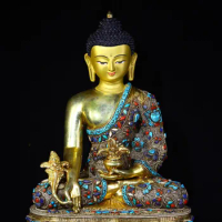 18"Tibetan Temple Collection Old Bronze Outline in gold Mosaic Gem Turquoise Medicine Buddha Lotus Platform Worship Hall