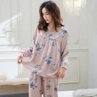 Flower Print Sleep Lounge Pajamas Long Sleeve Top + Long Pant Female Pajama Set Big Yards 3XL Pyjamas Cotton Sleepwear For Women