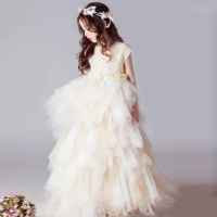 【橘魔法】氣質珍珠花朵 蕾絲蛋糕澎澎長紗裙禮服(大童 花童 畢業 禮服 全家福 婚禮 紗裙 女童)