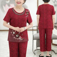2PCS Middle-Aged Elderly Mother's Two Piece Set Summer Female Outfit Short Sleeve Loose Breathable Top + Seven Points Pants Suit