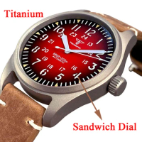 39mm Tandorio Red Titanium Brush Watch For Men New Sandwich Dial 200m Waterproof Japan NH35 PT5000 Automatic Mechanical Leather