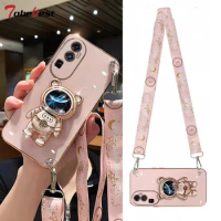 Crossbody Lanyard Quicksand space bear Plating Case for OPPO Reno 10 9 Pro Plus 5G Silicone Cover