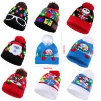 Christmas Hats Knitted Sweater Santa Elk Beanie Hat With LED Light Up Cartoon Patteren Christmas Gift for Kids New Year Decor
