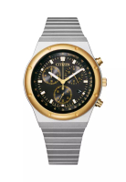 Citizen Citizen 西鉄城經典復古計時碼錶黑色金屬錶盤不銹鋼錶帶光動能男士腕錶 AT2544-64E