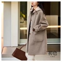 【初色】寬鬆顯瘦單排扣大口袋拼接連帽毛呢保暖大衣外套女外套-共2色-38216(M-2XL可選)