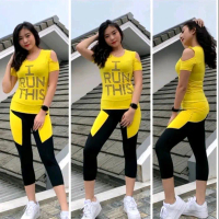 Setelan leging plat samping dan Kaos pendek I run bintik