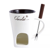 Chocolate Fondue Mug, White Tea Light, Candle Warmer, 1 Fork, for Cheese and Tapas, 200ml