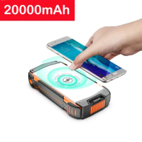 20000mAh Solar Power Bank PD 18W Fast Qi Wireless Charger Powerbank for iPhone 13 12 Samsung Xiaomi Poverbank with Camping Light