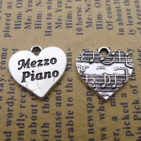 20pcs/lot 15*15mm Antique Silver Color Heart Pendant Engraved Mezzo Piano Letter Charm Jewelry Makin