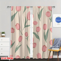 2D Flat - 2D Flat - Set Of 2 Flat Printed Curtains Featuring Tulip Floral Designs, Made From Digital