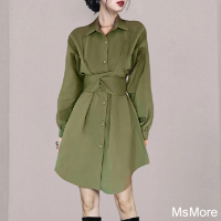 【MsMore】法式軍綠色高級感收腰顯瘦連身裙氣質單排扣襯衫短版洋裝#121070(軍綠)