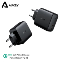 Original Aukey PA-B4 65W Omnia Duo Dual Port PD Fast Charger 2 USB C GaN Quick Wall Charger Charging Station for Phone Tablet