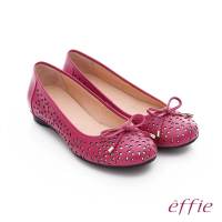 【effie】都會舒適 全真皮鏤空金箔蝴蝶結飾平底鞋(桃粉紅)