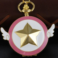 Magic Girl Scepter Quartz Pocket Watch Pendant Necklace Chain Watch Golden Steam Punk Universal Gift for Boys and Girls